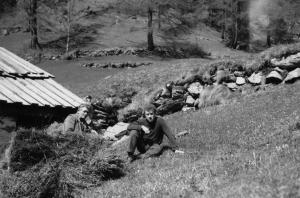 Un attimo di riposo durante la preparazione dei mazzi di fieno (1965)